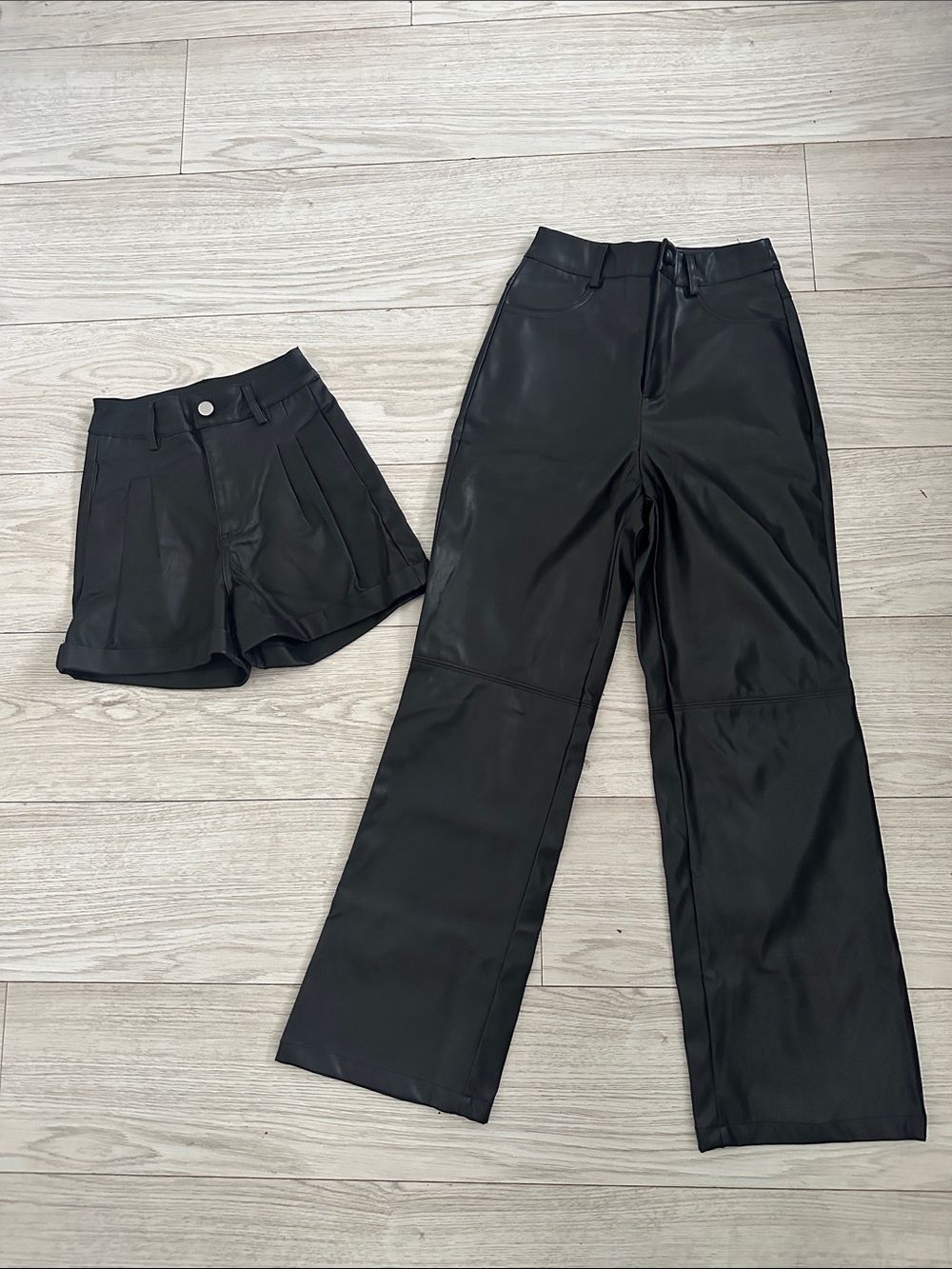 SHEIN Black Faux Leather Wide Leg Pants & High-Waist Shorts Set